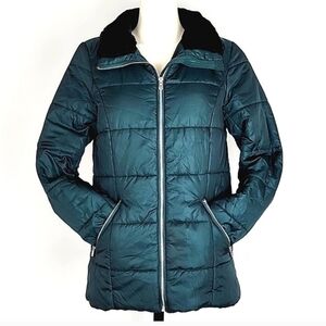 Vero Moda Quilted Winter Emerald Green Jacket Black  Faux Fur Collar Sz Med